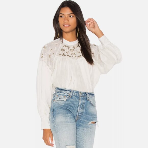 Free People Have It My Way Blouse Womens Size Small Beaded Embroidered Flowy - Picture 10 of 13